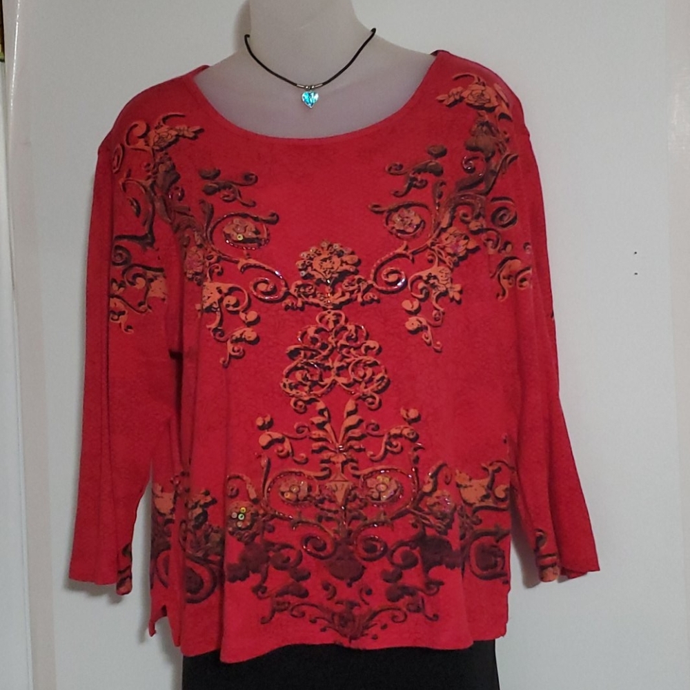 JANE ASHLEY Casual Lifestyle Red Embellished Pullover Top 100% Cotton